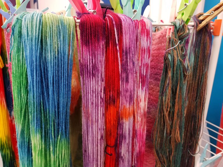 Debbie Tomkies teaches hand-dyeing yarn and fabric at the Association of guilds of weavers, spinners and dyers summer school at askham bryan college 2019