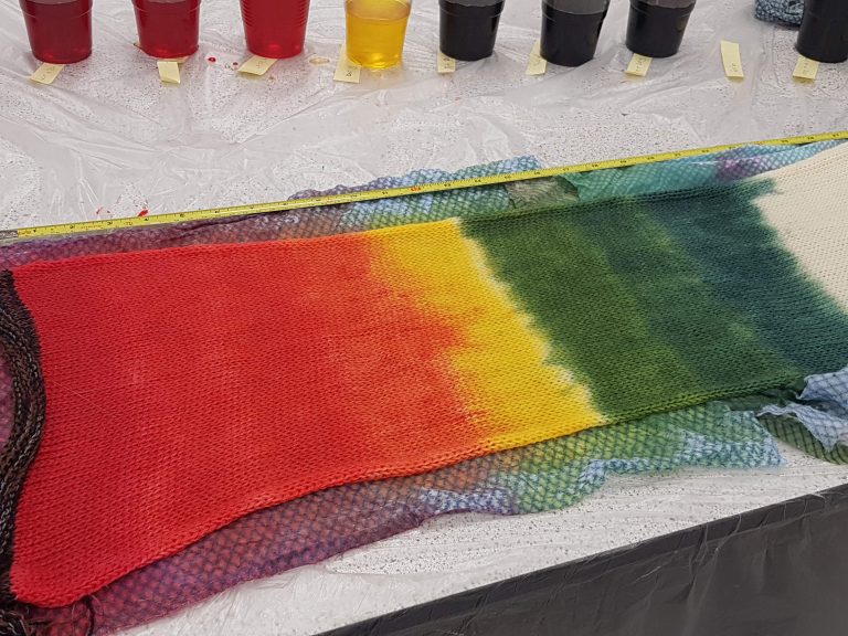 DT Craft & Design - hand-dyed blank canvas sock blank in a rainbow pattern by a studentfrom Debbie Tomkies' Dyeing Workshop
