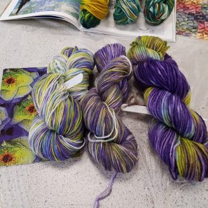 A selection of yarns hand dyed wih procion dyes from DT Craft & Design by students on Debbie Tomkies' hand-dyeing summer school class