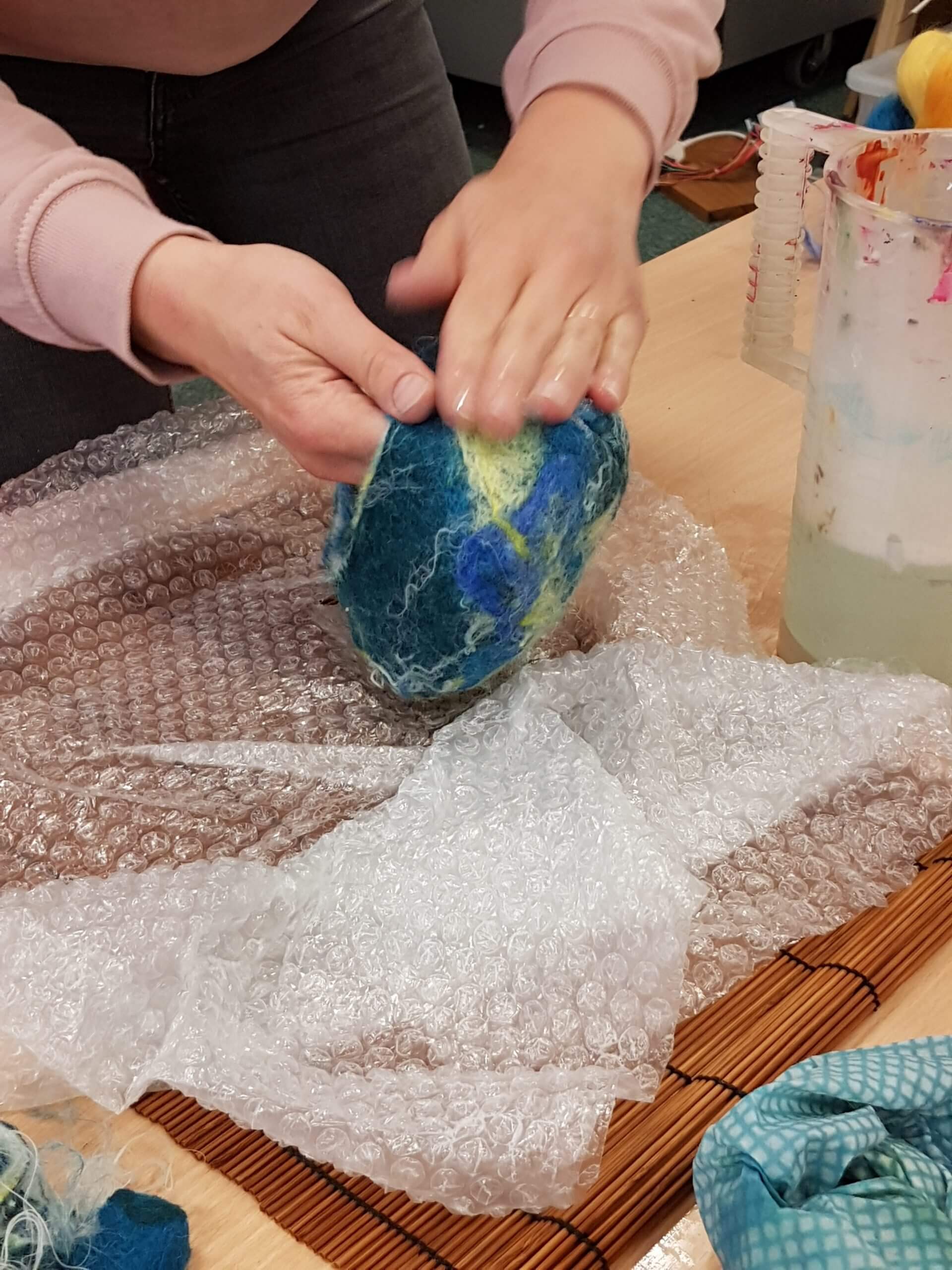Making a hand-felted vessel on a workshop with Debbie Tomkies of DT Craft and Design