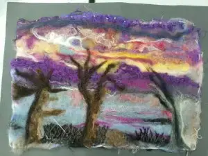 landscape picture using wet felting techniques on a workshop with debbie tomkies of dt craft and design